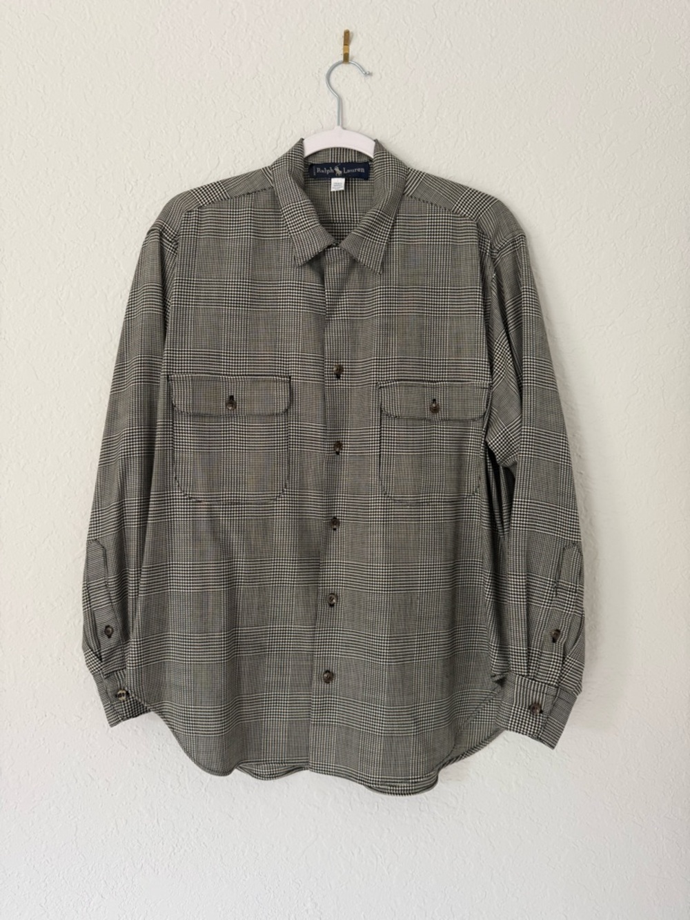 Vintage Ralph Lauren 100% Wool Black White Houndstooth Button-Up Shirt Size L/XL